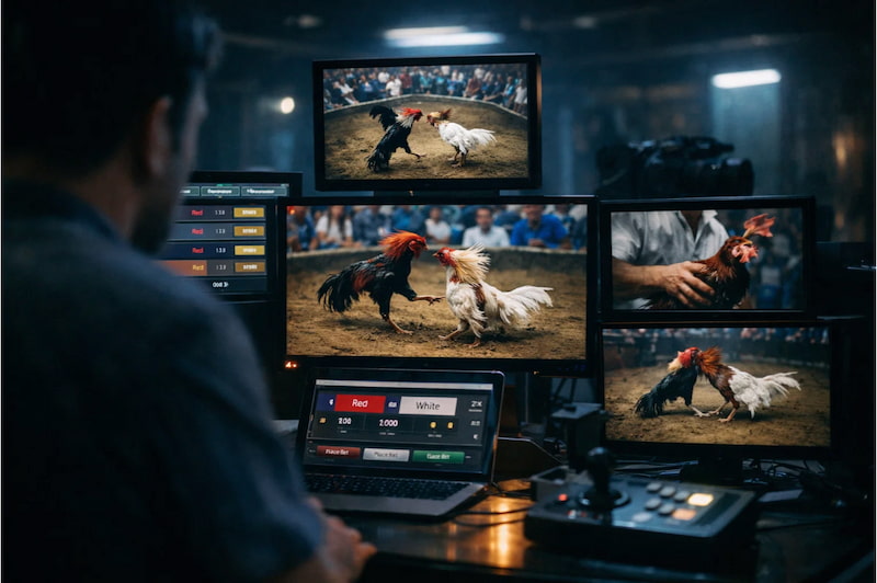 asian cockfighting livestream setup real-time viewing experience